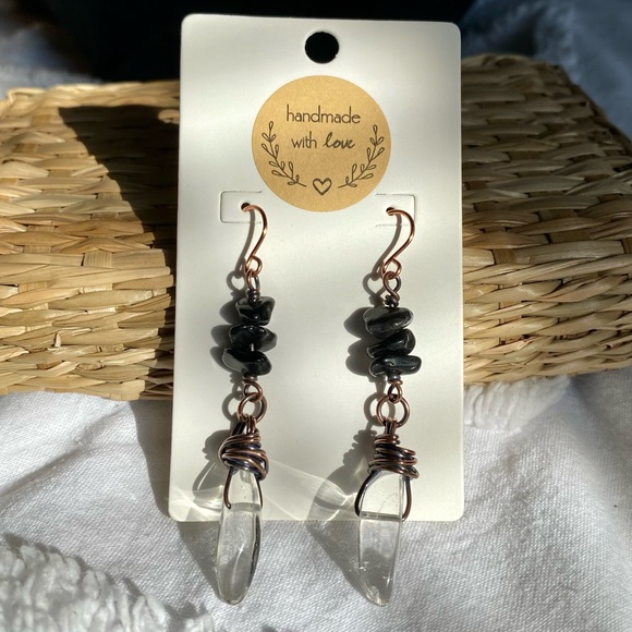 Handcrafted Black Obsidian + Clear Quartz Solid Copper Dangle Earrings - Picture 6 of 7